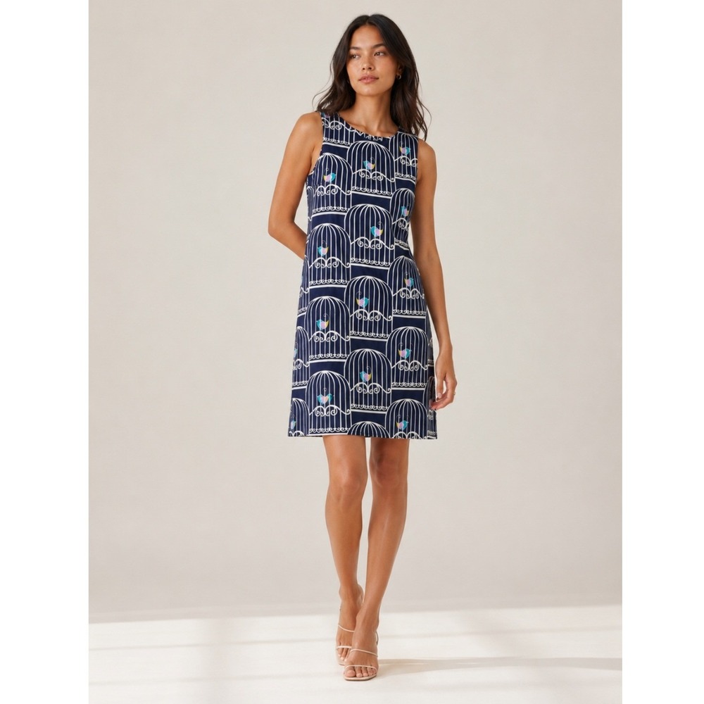 Jude Connally Birdcage Print Shift Dress Women L Navy Blue White Sleeveless USA